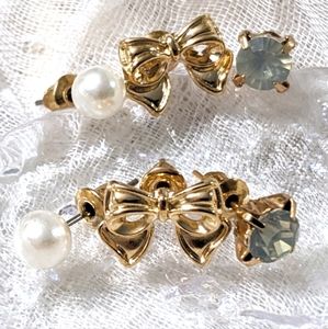 DCLF Goldtone Bow Faux Stone Faux Pearl Stud Earring Set